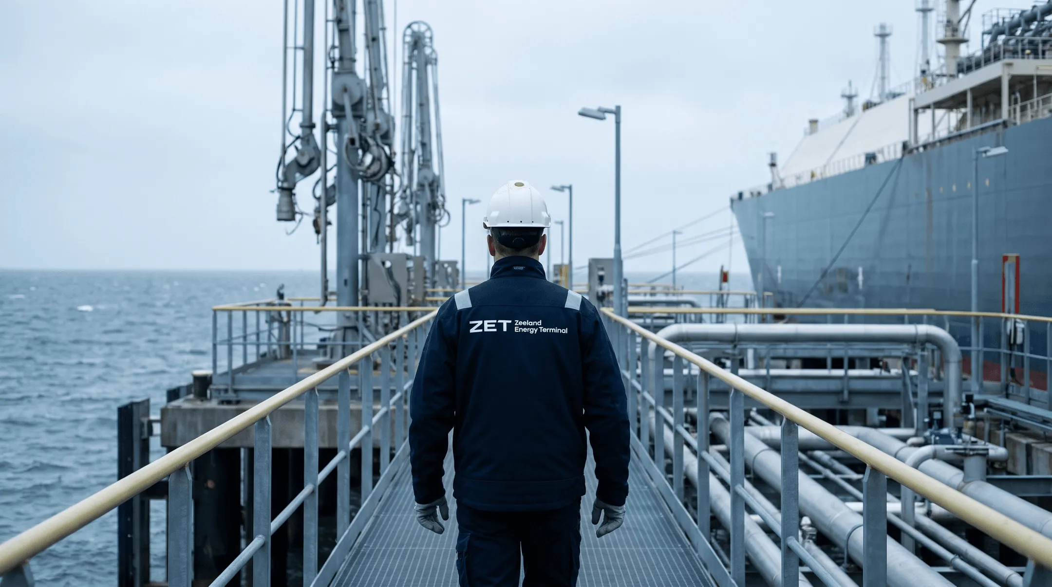 Worker in ZET workwear walking along an LNG jetty